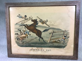 Rare Antique CURRIER & IVES Print - Breaking Out - A Lively Scrimmage - Copyright 1881 - Great Oak Frame