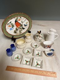 Belleek Creamer & Sugar, Aynsley Bird Of Paradise, Pineapple S&P,  Nesting Mud Pie Oval Plate, Honey Jar,