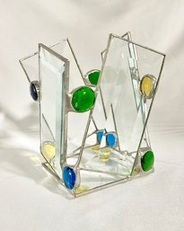 MCM Bevelled Glass Panel & Stained Glass Candle Holder