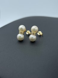 Elegant Double Stacked Pearl Earrings In 14k Yellow Gold
