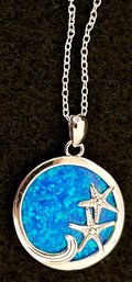 Vintage 925 Sterling Silver Starfish & Wave Necklace - Sparkly Pendant 1 Inch Long - 18 Inch Long Chain