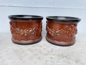 Pair Of Planter Flower Pots - Terracotta With Angels