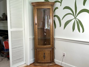 A Vintage Lighted Corner Cabinet With A Painted Finish & Glass Shelves