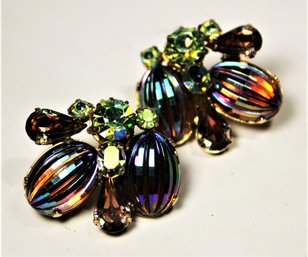 Vendome Large Art Glass Rhinestone Earrings Ear Clips