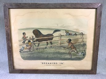 Rare Antique CURRIER & IVES Print - Breaking In - A Black Imp - Osition - Copyright 1881 - Great Oak Frame