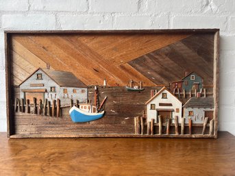 Framed 3 Dimensional Fishing Village Wood Art Wall Hanging - Han