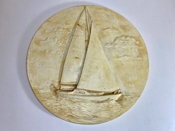 Detailed Circular Ceramic Plaque, A Sailboat