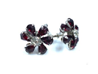 Gorgeous Deep Ruby Red Rhinestone Floral Button Earrings