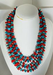 TURQUOISE AND CORAL 5 STRAND LAYERED AND KNOTTED NECKLACE