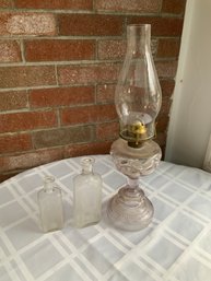 Oil Lamp And 2 Vintage Bottles