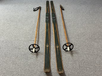 An Awesome Set Of Vintage Wooden Skis & Bamboo Poles