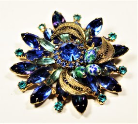 Vintage Blue And Gold Tone Rhinestone Circular Brooch W Art Glass Stones