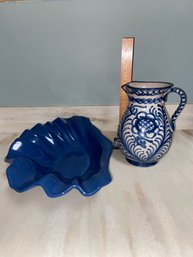 Decorative Blue Shell Style Ceramic Console Bowl And Hand Painted Earthenware Pitcher