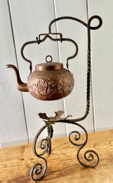 Antique Copper Spirit Kettle On Wrought Iron Stand