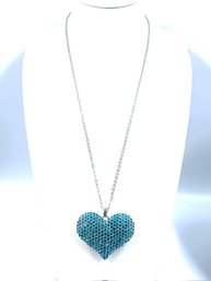 Silvertone And Teal Rhinestone Heart Pendent Necklace
