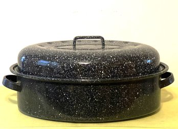 Vintage Black & White Speckled Enamelware Roaster With Lid