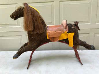 Antique Child's Riding Rocking Horse With Real Horse Hair, Wood Hoofs And Iron Carriage.