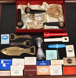 VERY COOL MID CENTURY MODERN BARWARE, INCLUDING BRASS PIECES FROM ISREAL, 24K PLATED SET & VINTAGE MATCHBOOKS