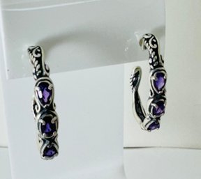 VINTAGE SOUTHWESTERN DESIGNER CAROLYN POLLACK STERLING SILVER AMETHYST LONG HOOP EARRINGS