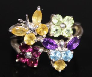 Fine Sterling Silver Ladies Ring Butterfly Flowers Genuine Gemstones Size 7