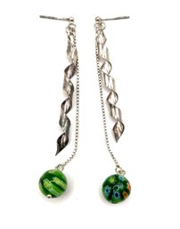 Vintage Sterling Silver Long Art Deco Green Melon Bead Dangle Earrings