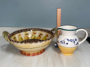 Nieman Marcus Hand Painted Italian Ceramic Pedestal Bowl 12' And Yellow And Blue Pitcher Vase