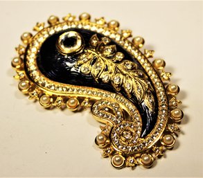 Large Berebi Limited London Enamel Rhinestone Faux Pearl Paisley Brooch