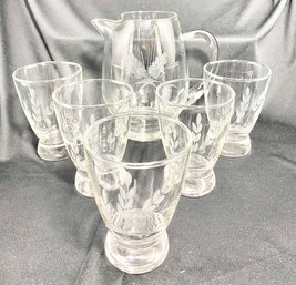 5 Etched Swedish Style Juice Glasses & Etched Pitcher