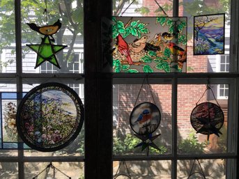 Lovely Group Of 13 Sun Catchers - Leaded Glass / Etched / Painted - One Marked L C Tiffany - Nice Lot !