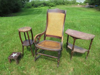 Cane Rocker With End Table & Plant Stands