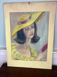 Ekaterina Falileef Original Mid Century Oil Pastel Portrait Of A Woman In A Yellow Hat