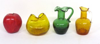 Group Of Two Crackle Glass Ewers And A Blenko Pinch Vase