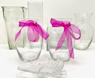 6 Glass Vases & Crystal Shell Shaped Candy Dish