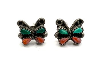 Vintage Southwestern Green Turquoise And Coral Color Butterfly Earrings