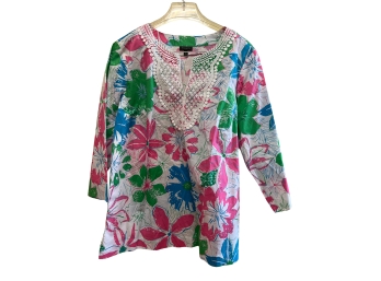 Talbots Floral Tunic Style Top With Embroidered Neckline - Size XL