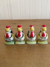 Vintage Set Of 4 Salt & Pepper Cinnamon Nutmeg Shaker Chickens Roosters