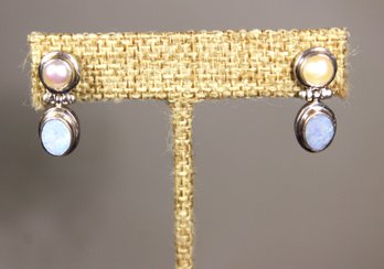 Fin Sterling Silver Pearl And Opal Pierced Earrings