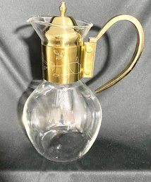 Vintage Carafe/pitcher W/ Gold Tone Floral Etched Band & Handle W Lid