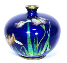 Antique Japanese Meiji Enamel Cloisonne Vase W Iris Flowers