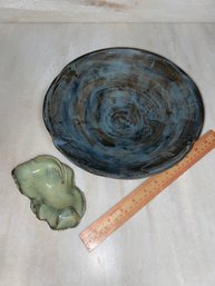 Two Decorative Handmade Pottery Dishes- Blue Gray Bowl Stamped GN, Unique One Of A Kind Trinket Dish Signed ES