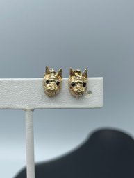 Intricate French Bulldog Stud Earrings W/ Sapphire Eyes In 14k Yellow Gold