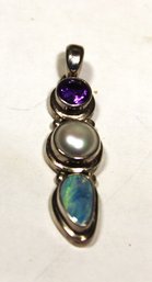 Sterling Silver, Amethyst, Pearl And Opal Pendant