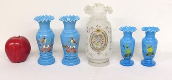 Late 19th Century Victorian Bristol Glass Vases - Two Matching Pairs In Opalescent Blue & Large One In Clear