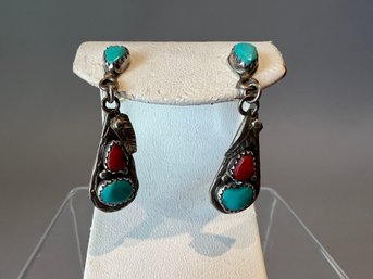 Angie C. Sterling Silver Zuni Earrings With Turquoise And Coral