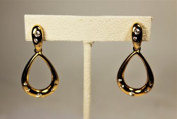 Pair Gold Tone White Stone Pierced Earrings Drops