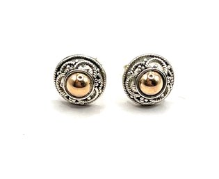 Vintage Sterling Silver Ornate Copper Color Center Stud Earrings