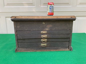 Antique Machinist Chest With Contents. Hinged Top And 4 Drawers And Brass Hardware. No Key.