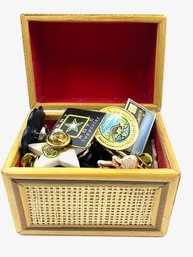 Adorable Diminutive Wooden Treasure Chest Filled W/ Assorted Lapel Pins