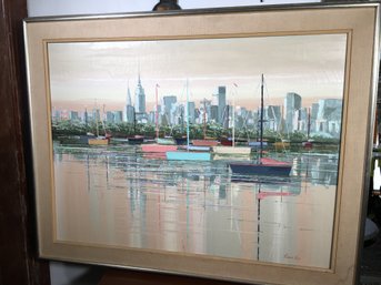 Incredible Oil On Canvas NEW YORK CITY - KENNETH KAYE Listed Artist - SKYLINE & SUNSET Painted In 1983