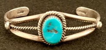 Vintage Sterling Silver - Turquoise Stone 1/2 X 3/8 - Cuff Bracelet - Navajo - BoHo - Heavy - 6 X .75 Widest